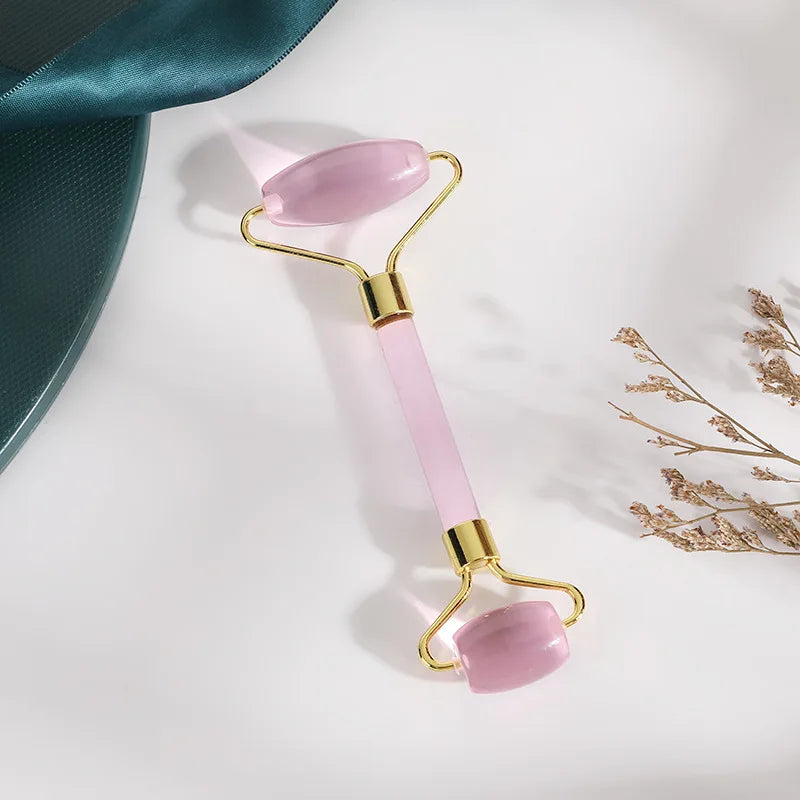 Pink Quartz Jade Facial Roller and Gua Sha Massager Tool for Skin Sculpting & Glow
