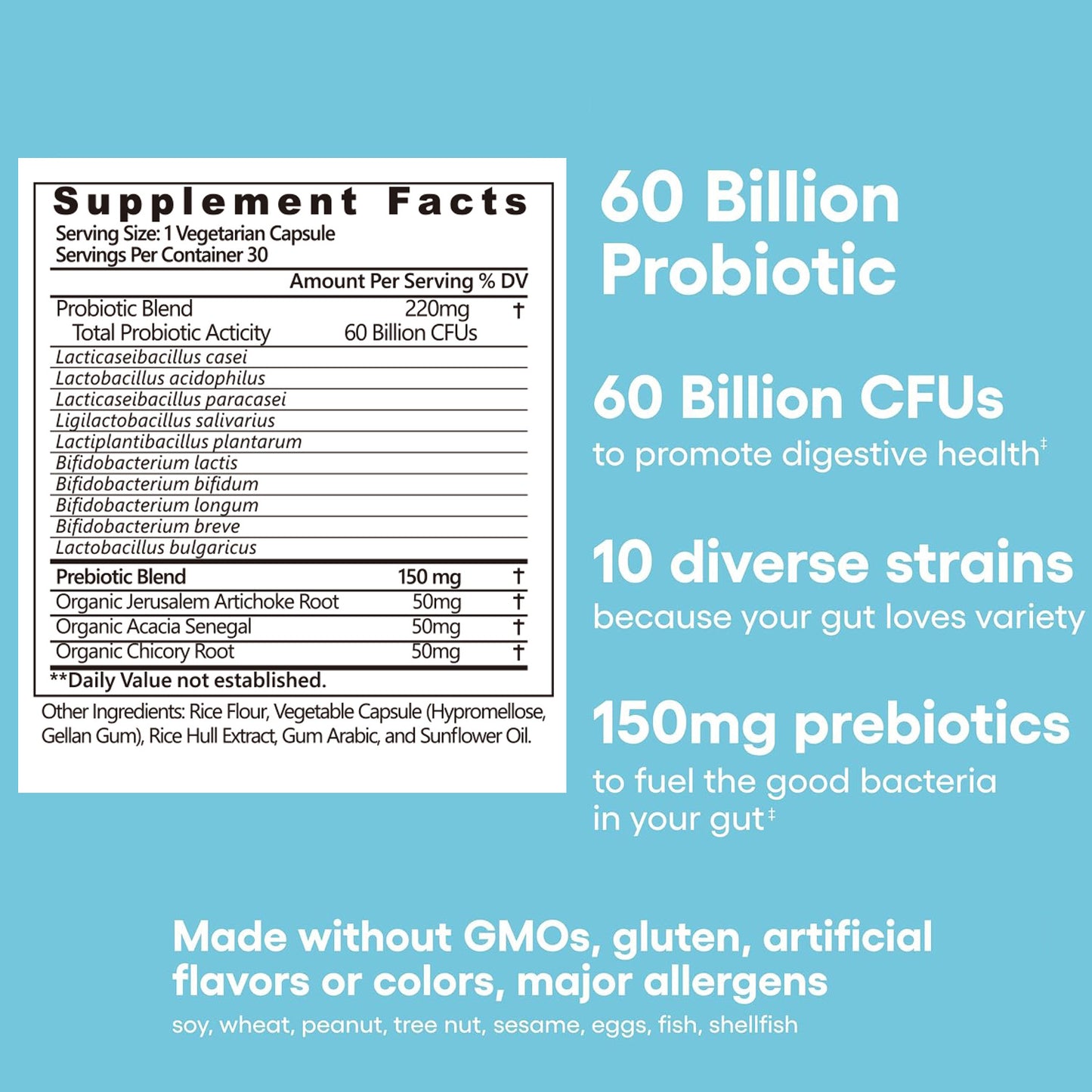 Probiotics 60 Billion CFU + Organic Prebiotics
Digestive & immune support for gas, bloating & gut balance.