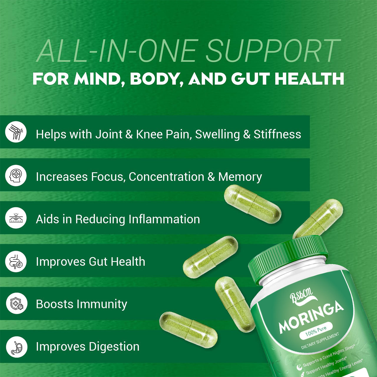 Pure Moringa Capsules – Energy, Skin & Gut Support
Nutrient-rich superfood with vitamins, minerals & amino acids. 60-count.