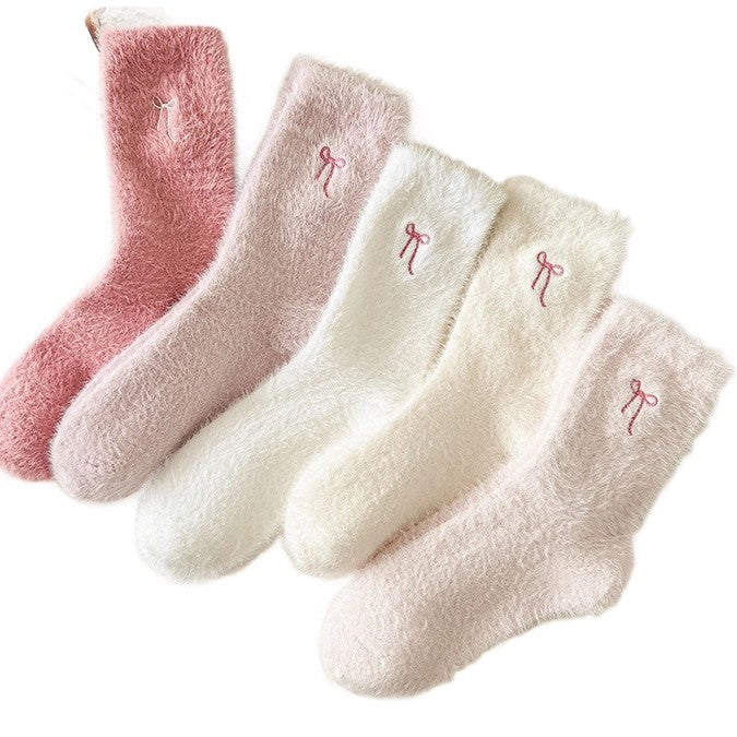 Thickened Mink-wool Cozy Home-style Plush Socks With Bow For Women