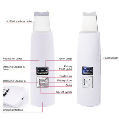 Ultrasonic skin scrubber facial cleansing tool with sleek handheld design on white background
