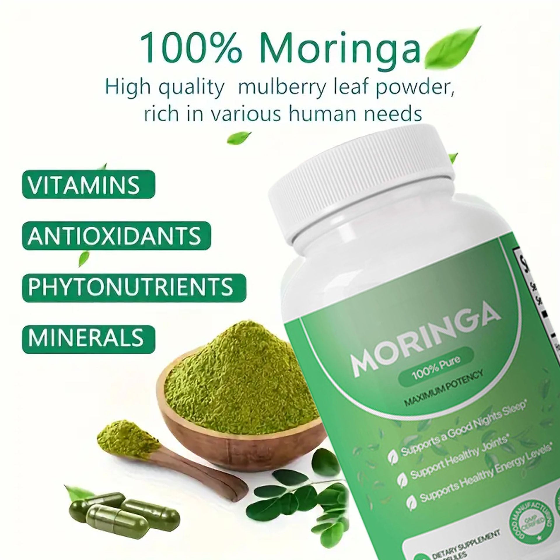 Moringa Capsules – Energy, Immunity & Metabolism
Pure moringa leaf for plant-based vitality, immune defense & natural energy.