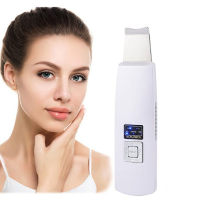 Woman with a clean face next to a skincare device with text on a white background