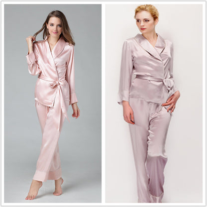 Women wearing 99% mulberry silk pajama set in cardigan style