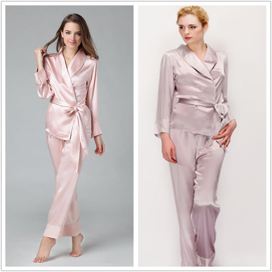 Women wearing 99% mulberry silk pajama set in cardigan style