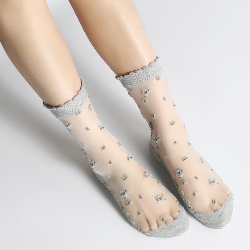 (4) Transparent Ice Silk Crystal Floral Cotton Socks