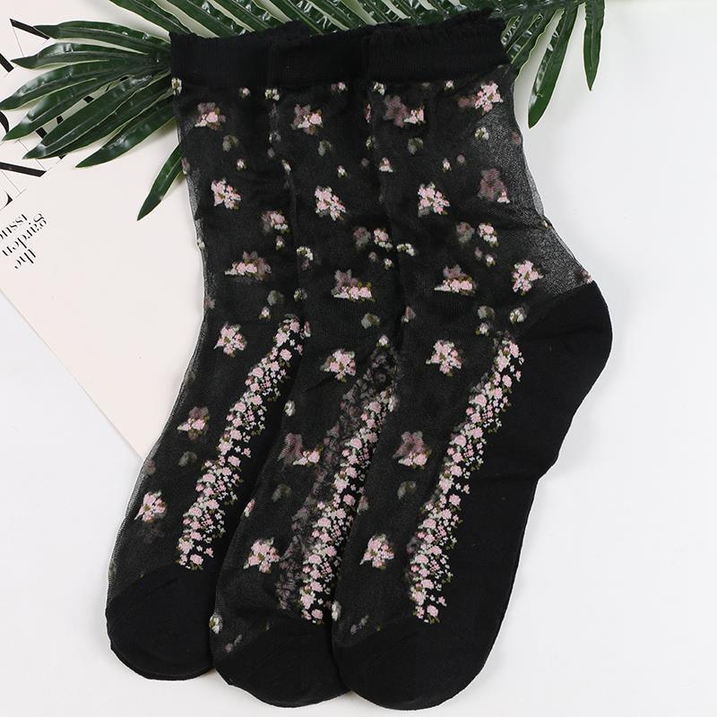 (4) Transparent Ice Silk Crystal Floral Cotton Socks