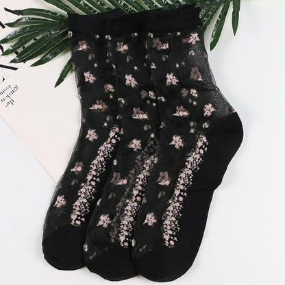 (4) Transparent Ice Silk Crystal Floral Cotton Socks