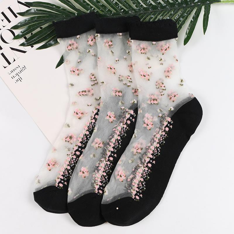 (4) Transparent Ice Silk Crystal Floral Cotton Socks