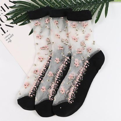 (4) Transparent Ice Silk Crystal Floral Cotton Socks