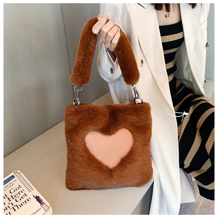 Winter plush shoulder tote bag for women with soft texture and vertical square shape