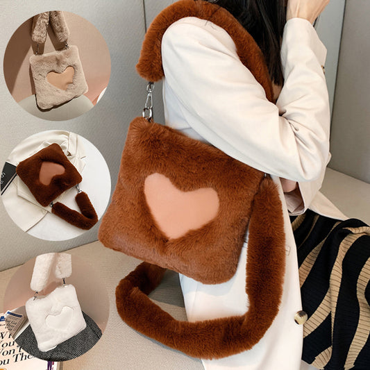 Winter plush shoulder tote bag for women with soft texture and vertical square shape