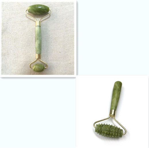 Collage of a green jade roller on a white background