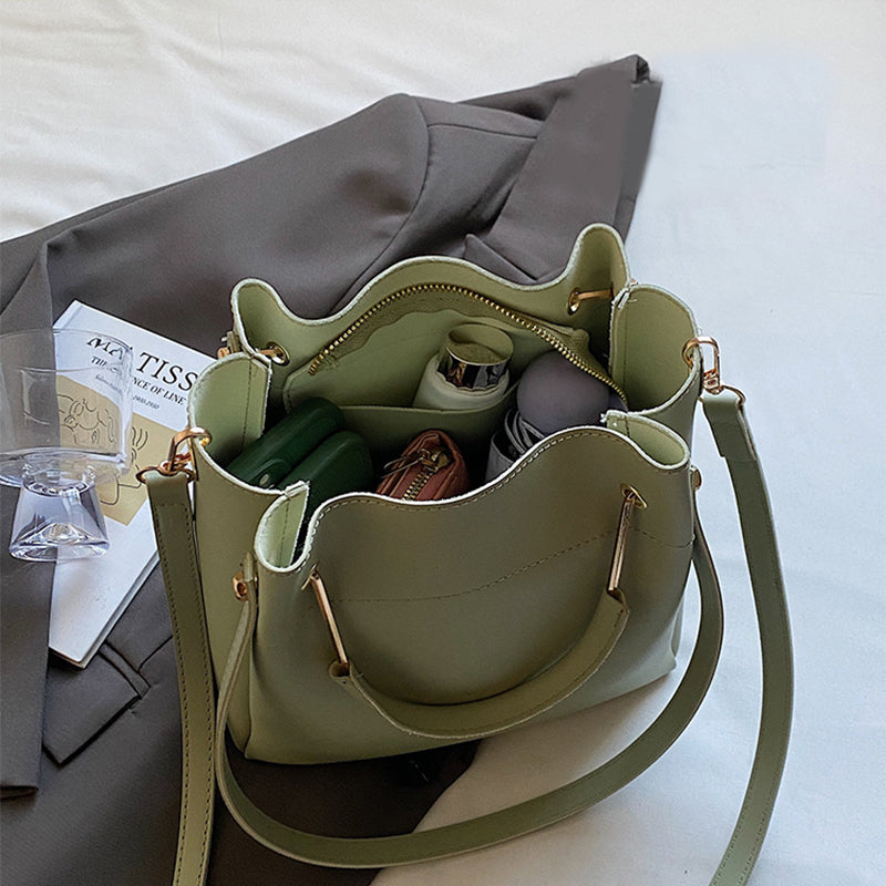Interior view of everyday bucket handbag with smooth polyester lining