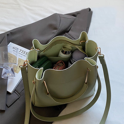 Interior view of everyday bucket handbag with smooth polyester lining
