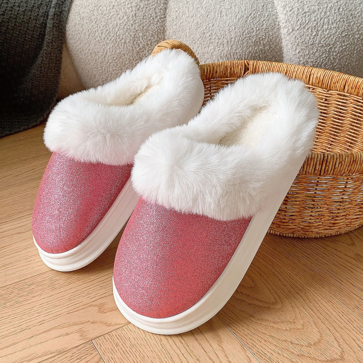 Slip on plush slippers for bedroom use