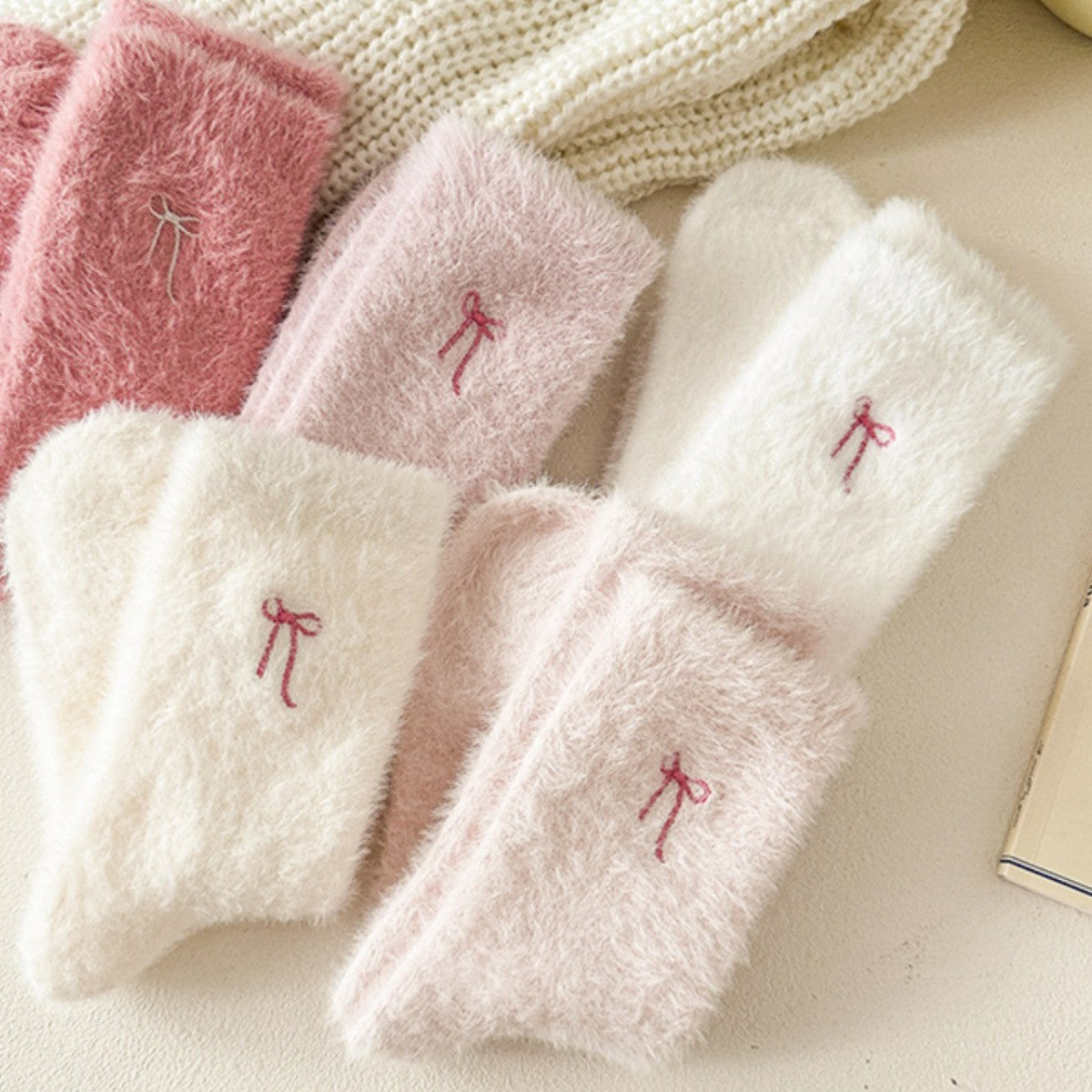 Thickened Mink-wool Cozy Home-style Plush Socks With Bow For Women