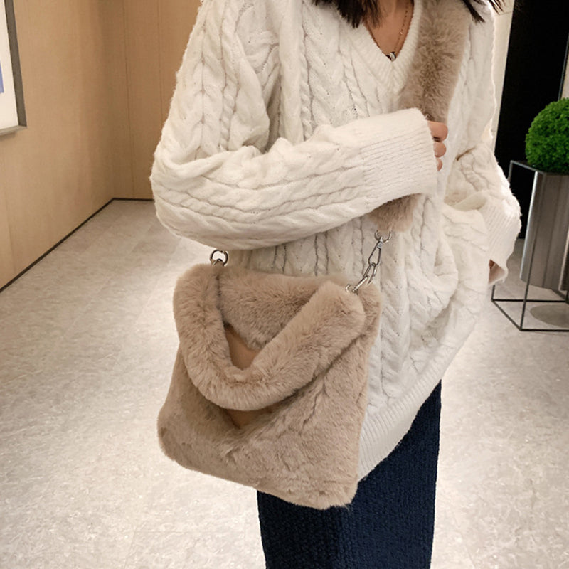 Winter plush shoulder tote bag for women with soft texture and vertical square shape