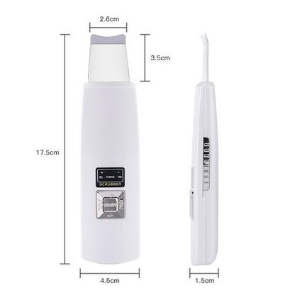Ultrasonic skin scrubber tool displayed with charger for daily beauty routine use