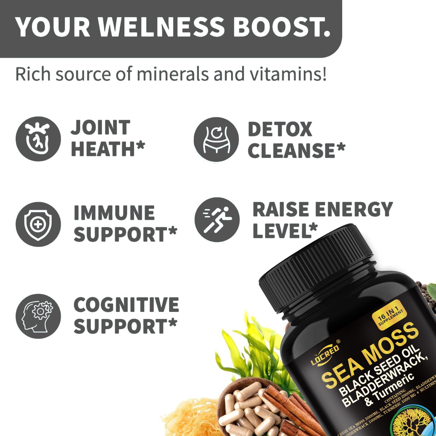 16-in-1 Sea Moss + Black Seed Capsules
Joint, immune & digestive support with turmeric & superfoods.