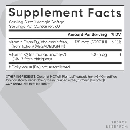Vegan Vitamin D3 + K2 – 5000 IU
Bone, heart & immune support with plant-based D3, K2 MK-7 & coconut oil.