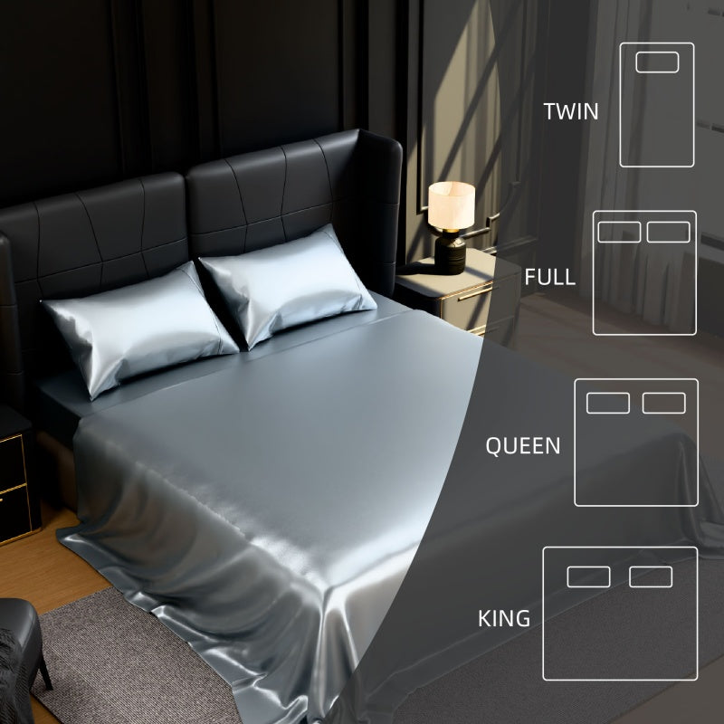 Bed with gray satin sheets and pillows in a bedroom setting, showing size chart.