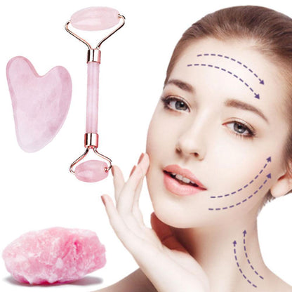 Facial gua sha and roller set displayed on minimalist vanity