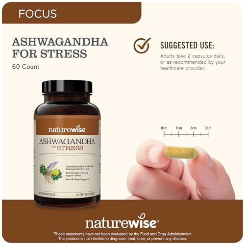 NatureWise Ashwagandha for Stress - With KSM-66 Extract, GABA, L-Theanine, Rhodiola Rosea - Herbal Mood & Sleep Support - Vegan, Non-GMO, Gluten-Free - 60 Capsules[1-Month Supply]