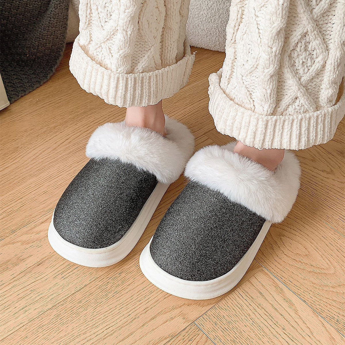 Warm fuzzy bedroom slippers with thick sole