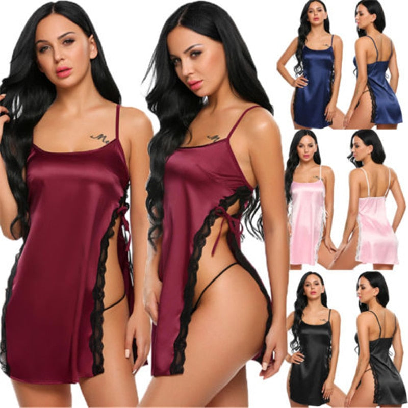 Silk nightdress for women shown in a neutral indoor setting