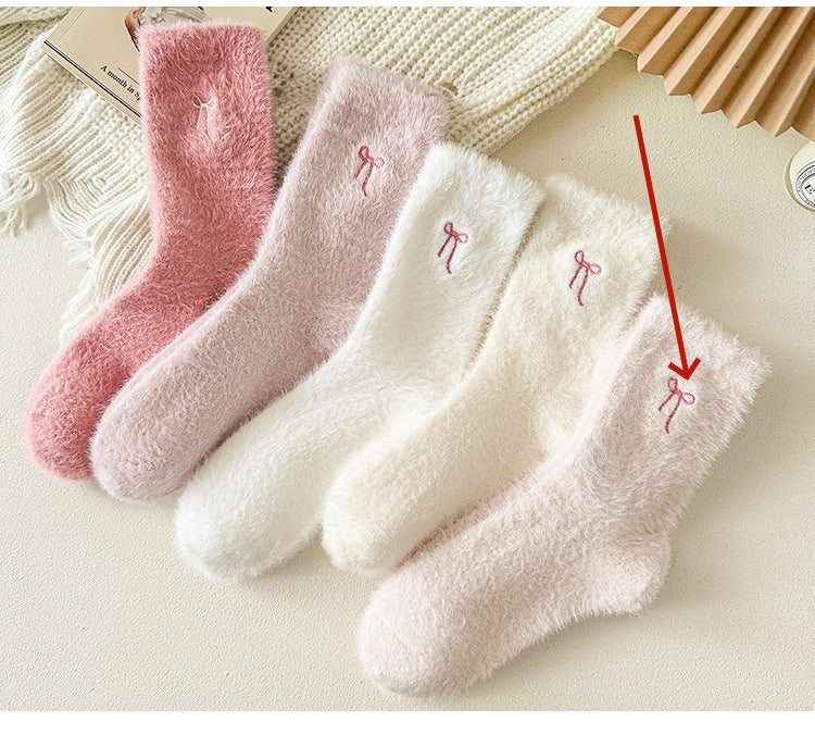 Thickened Mink-wool Cozy Home-style Plush Socks With Bow For Women