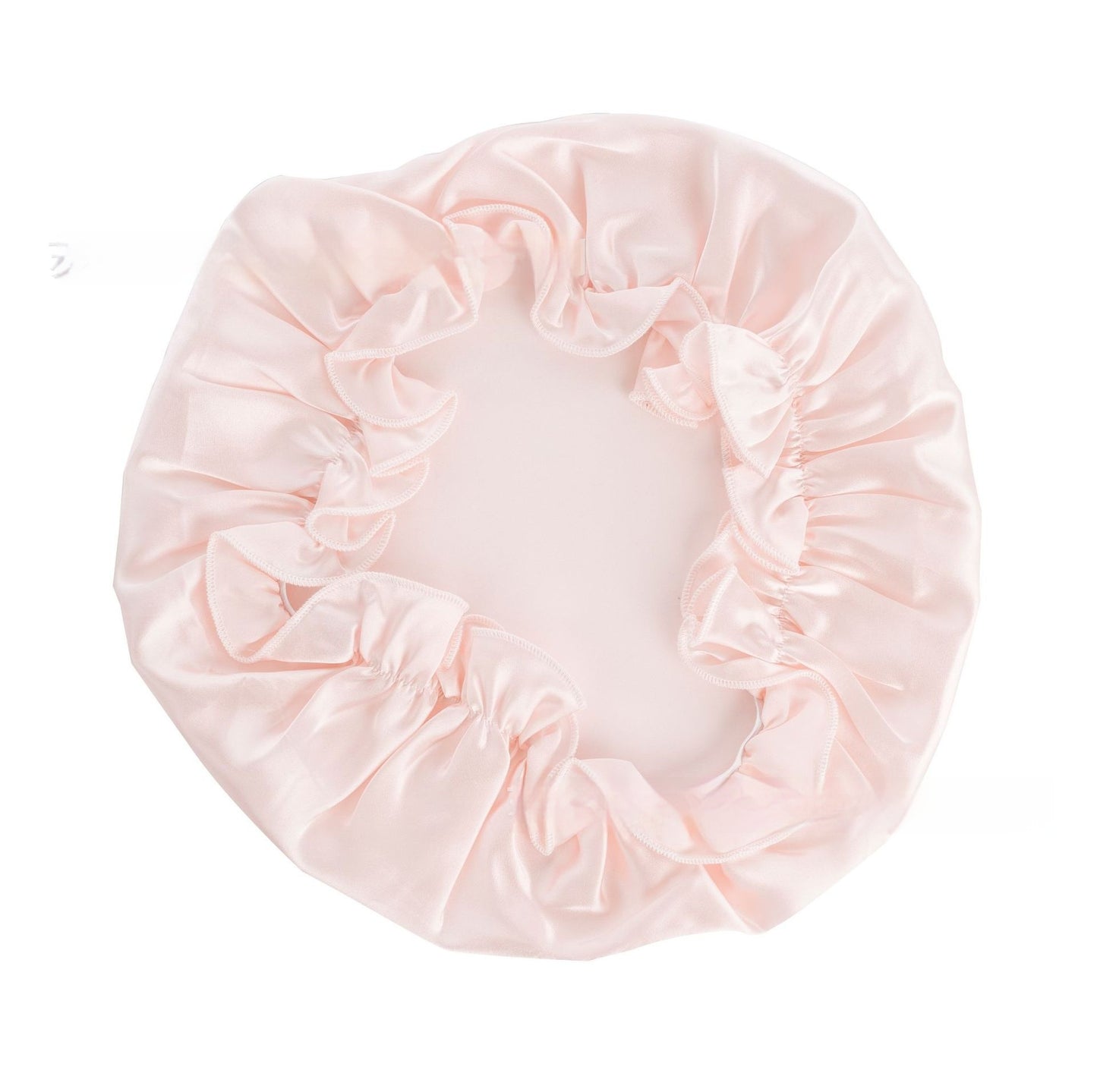 Flat top smooth satin sleeping bonnet with soft lightweight construction and brimless design