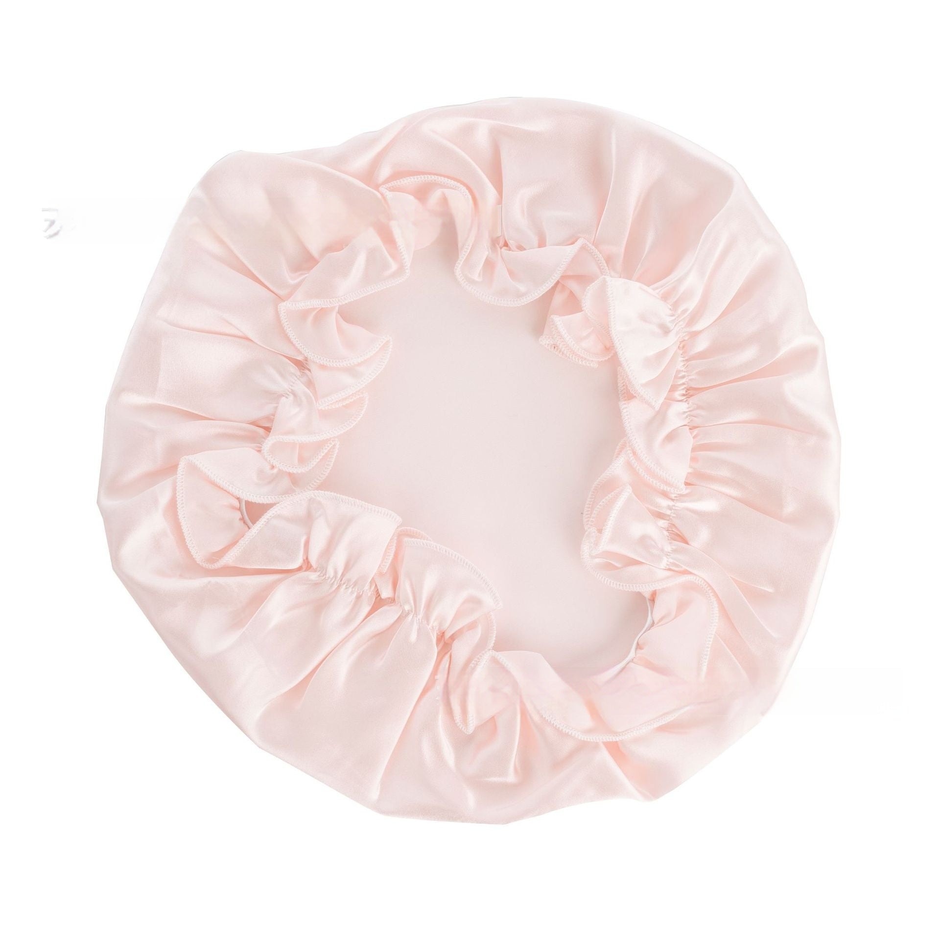 Flat top smooth satin sleeping bonnet with soft lightweight construction and brimless design