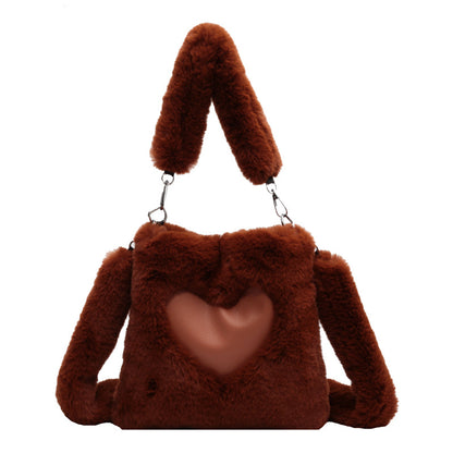 Winter plush shoulder tote bag for women with soft texture and vertical square shape