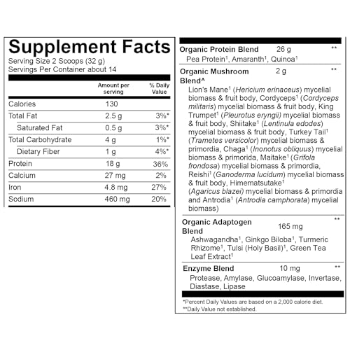 PlantFusion Mushroom Protein – Chocolate, Vegan, Adaptogen Blend, 1 lb