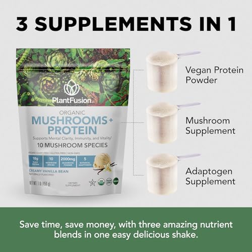 PlantFusion Mushroom Protein – Chocolate, Vegan, Adaptogen Blend, 1 lb