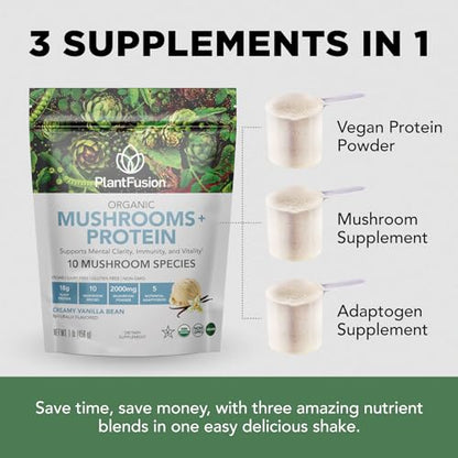 PlantFusion Mushroom Protein – Chocolate, Vegan, Adaptogen Blend, 1 lb