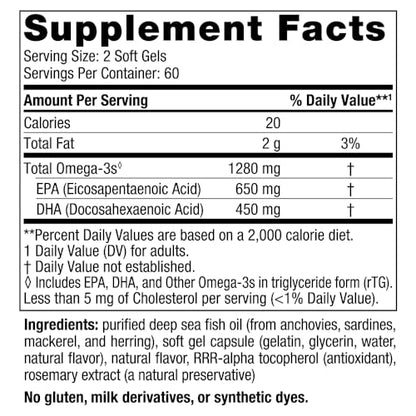 Nordic Naturals Ultimate Omega, Lemon Flavor - 120 Soft Gels - 1280 mg Omega-3 - High-Potency Fish Oil Supplement with EPA & DHA - Promotes Brain & Heart Health - Non-GMO - 60 Servings