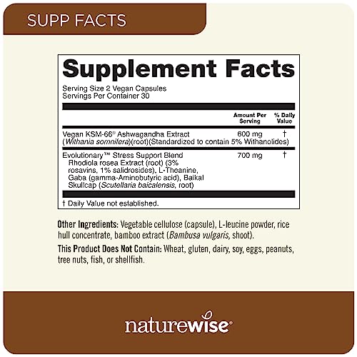 NatureWise Ashwagandha for Stress - With KSM-66 Extract, GABA, L-Theanine, Rhodiola Rosea - Herbal Mood & Sleep Support - Vegan, Non-GMO, Gluten-Free - 60 Capsules[1-Month Supply]