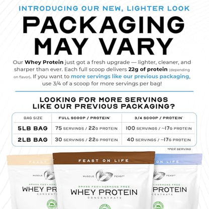 Muscle Feast Grass-Fed Whey Protein Concentrate Powder, All Natural Hormone Free Pasture Raised, Unflavored, 5lb
