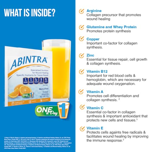 ABINTRA Specialized Wound Healing Nutritional Supplement includes L-Arginine, L-Glutamine, Whey Protein, Vitamins and Minerals, Orange Flavor, Made in The USA - 30 Packets