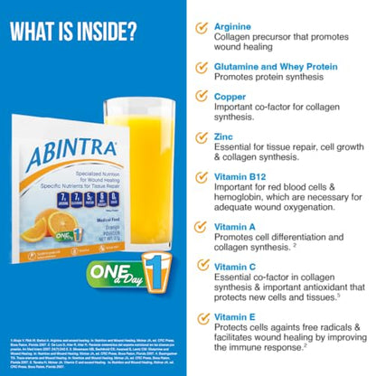 ABINTRA Specialized Wound Healing Nutritional Supplement includes L-Arginine, L-Glutamine, Whey Protein, Vitamins and Minerals, Orange Flavor, Made in The USA - 30 Packets