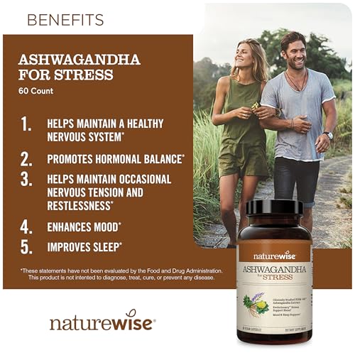 NatureWise Ashwagandha for Stress - With KSM-66 Extract, GABA, L-Theanine, Rhodiola Rosea - Herbal Mood & Sleep Support - Vegan, Non-GMO, Gluten-Free - 60 Capsules[1-Month Supply]