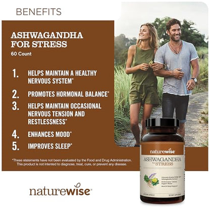 NatureWise Ashwagandha for Stress - With KSM-66 Extract, GABA, L-Theanine, Rhodiola Rosea - Herbal Mood & Sleep Support - Vegan, Non-GMO, Gluten-Free - 60 Capsules[1-Month Supply]