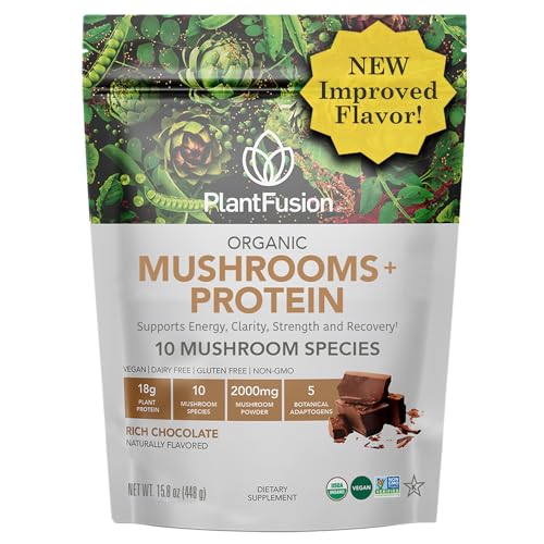 PlantFusion Mushroom Protein – Chocolate, Vegan, Adaptogen Blend, 1 lb