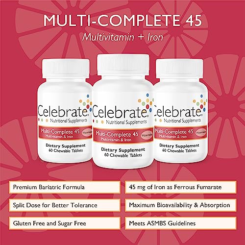 Celebrate Vitamins Multi-Complete Chewables, 45mg Iron – Daily Bariatric Multivitamin for Sleeve Gastrectomy and Gastric Bypass Surgery Patients – Essential Vitamins & Minerals - Melon (180 Tablets)