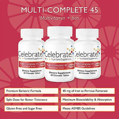 Celebrate Vitamins Multi-Complete Chewables, 45mg Iron – Daily Bariatric Multivitamin for Sleeve Gastrectomy and Gastric Bypass Surgery Patients – Essential Vitamins & Minerals - Melon (180 Tablets)