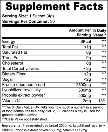 Bee Pearl Powder – Energy, Immunity & Skin Support
Royal Jelly • Propolis • Bee Bread • Vitamin C – 30 Sachets