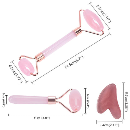Pink facial roller and gua sha tool with measurements on a white background