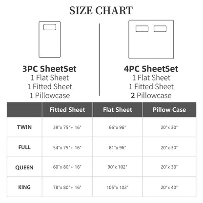 Sheet set size chart with dimensions for different bed sizes.